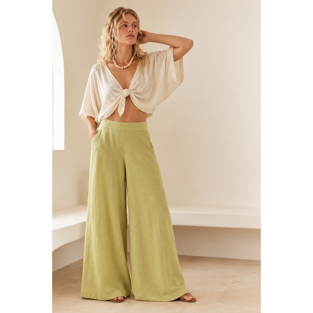 Free People Free-est Wide Leg Pants XS Lime Green Linen Blend Boho Coastal Beach